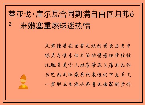 蒂亚戈·席尔瓦合同期满自由回归弗鲁米嫩塞重燃球迷热情