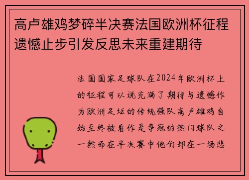 高卢雄鸡梦碎半决赛法国欧洲杯征程遗憾止步引发反思未来重建期待