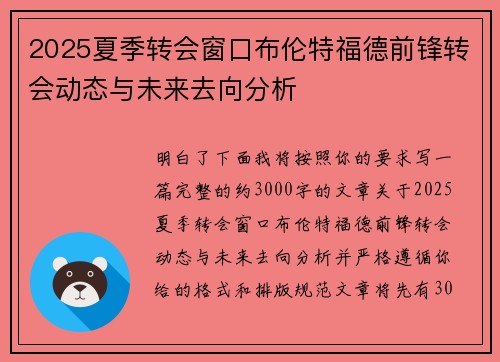 2025夏季转会窗口布伦特福德前锋转会动态与未来去向分析