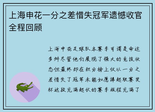 上海申花一分之差惜失冠军遗憾收官全程回顾